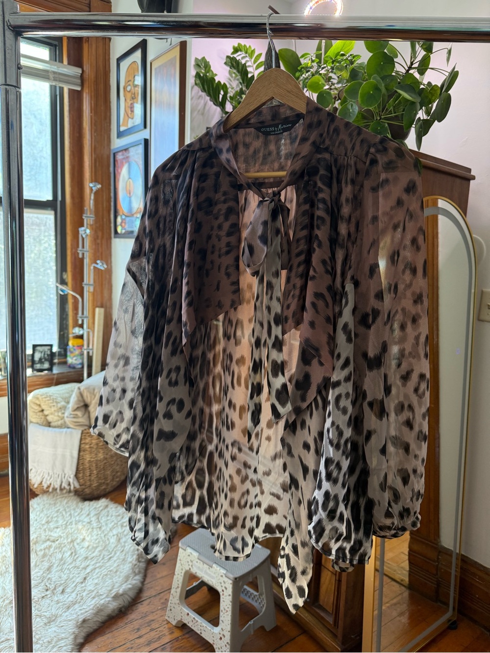 Vintage Guess by Marciano Sheer Leopard Bow Blouse XS Y2K 2010s